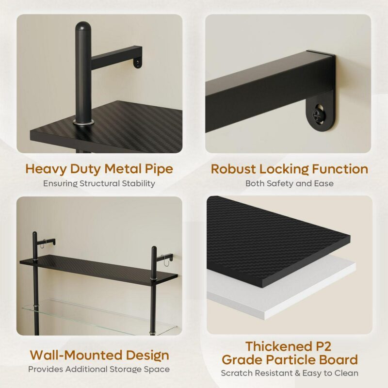 Bestier 41  Floating Shelves for Wall with LED Light 3-Tier Wall-Mounted Wood Shelves with 8 S-Hooks, Black Carbon Fiber - Image 8