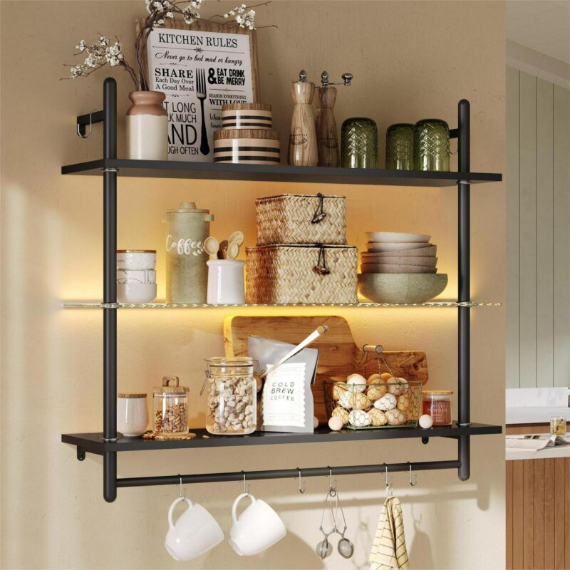Bestier 41  Floating Shelves for Wall with LED Light 3-Tier Wall-Mounted Wood Shelves with 8 S-Hooks, Black Carbon Fiber - Image 9