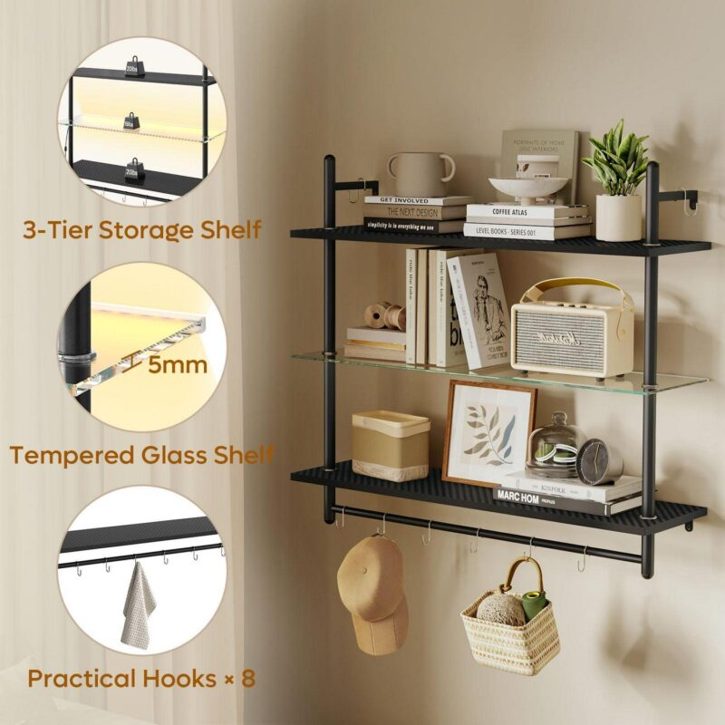 Bestier 41  Floating Shelves for Wall with LED Light 3-Tier Wall-Mounted Wood Shelves with 8 S-Hooks, Black Carbon Fiber - Image 6