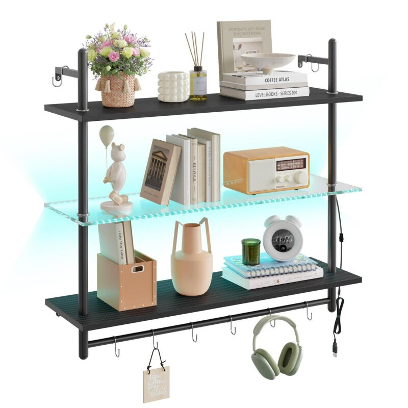 Bestier 41  Floating Shelves for Wall with LED Light 3-Tier Wall-Mounted Wood Shelves with 8 S-Hooks, Black Carbon Fiber - Image 11