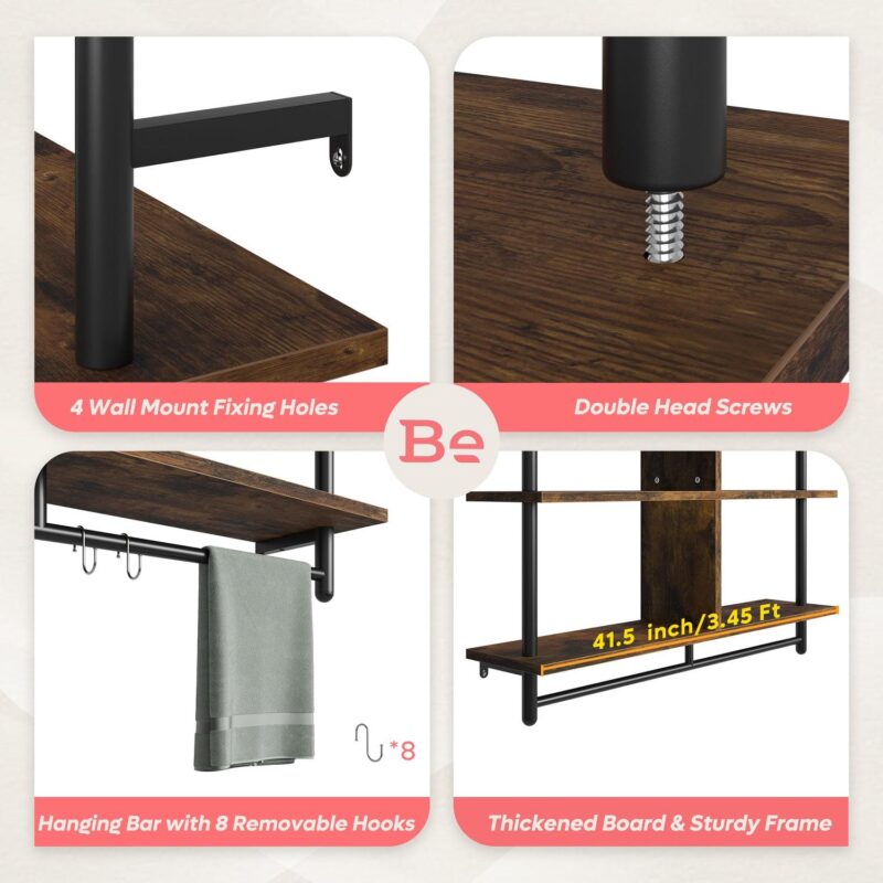 Bestier 41  Industrial Pipe Shelves Wall Mount, 3-Tier Floating Shelves for Kitchen Bedroom Bathroom in Rustic - Image 2