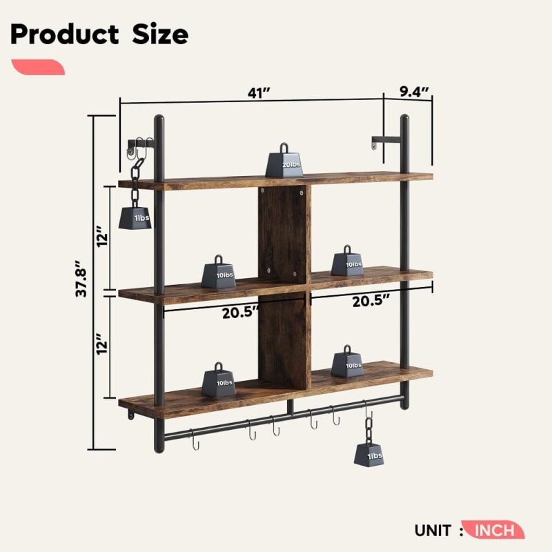 Bestier 41  Industrial Pipe Shelves Wall Mount, 3-Tier Floating Shelves for Kitchen Bedroom Bathroom in Rustic - Image 3
