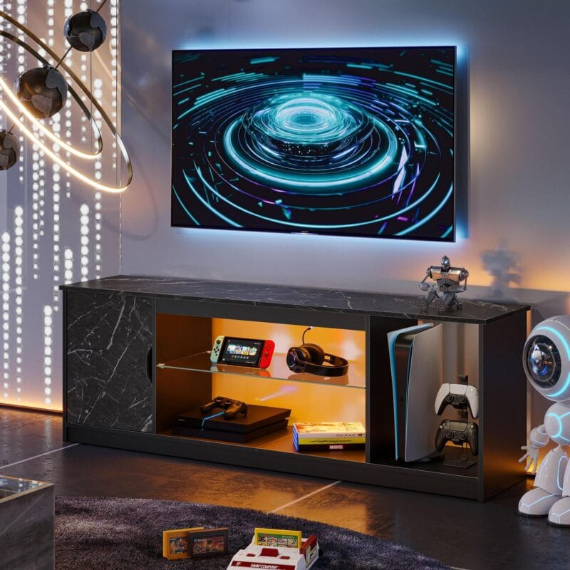Bestier 58  LED TV Stand for PS5 Gaming Entertainment Center for 60/65 inch TV, Black Marble - Image 3