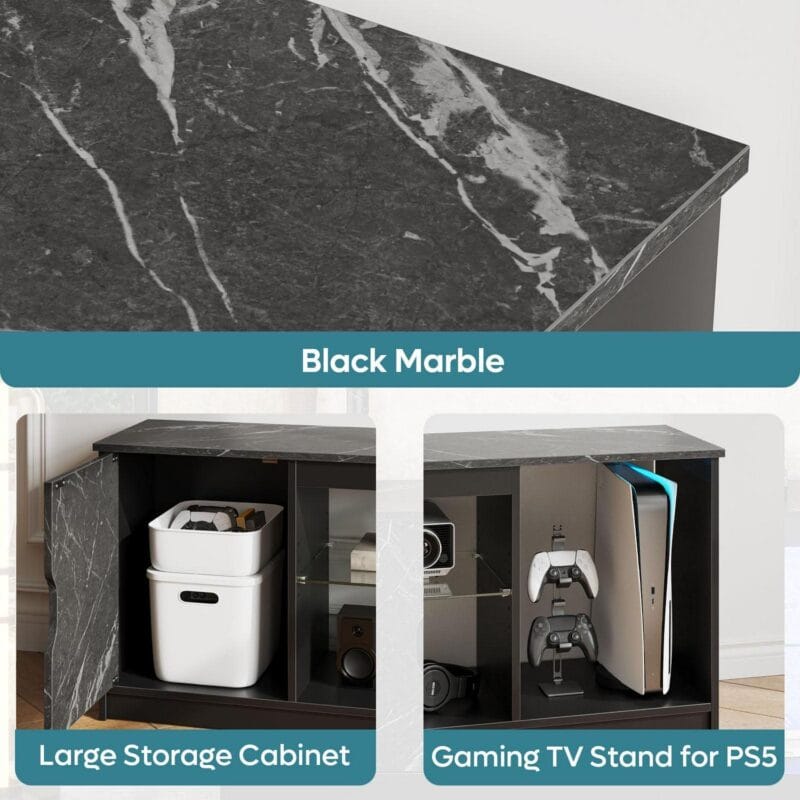 Bestier 58  LED TV Stand for PS5 Gaming Entertainment Center for 60/65 inch TV, Black Marble - Image 8
