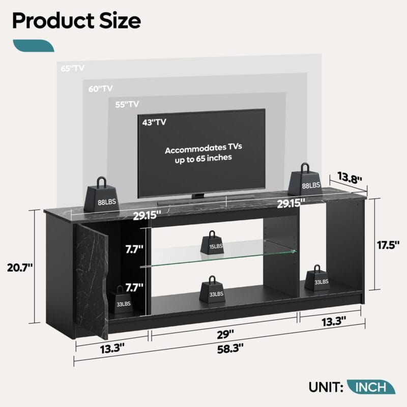 Bestier 58  LED TV Stand for PS5 Gaming Entertainment Center for 60/65 inch TV, Black Marble - Image 9