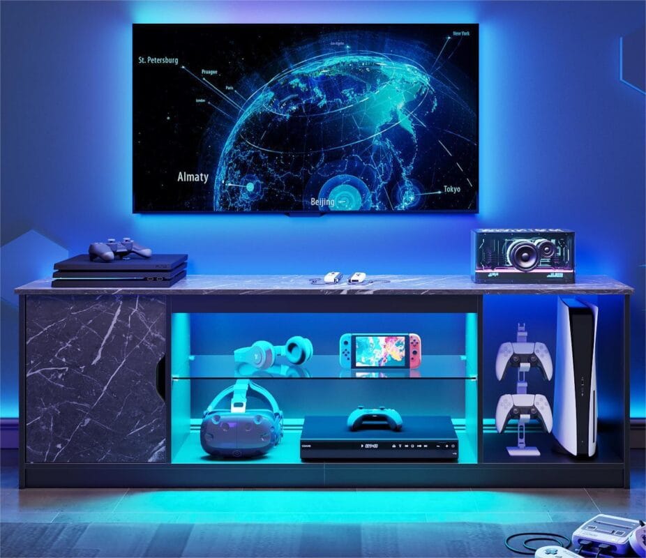 Bestier 58  LED TV Stand for PS5 Gaming Entertainment Center for 60/65 inch TV, Black Marble