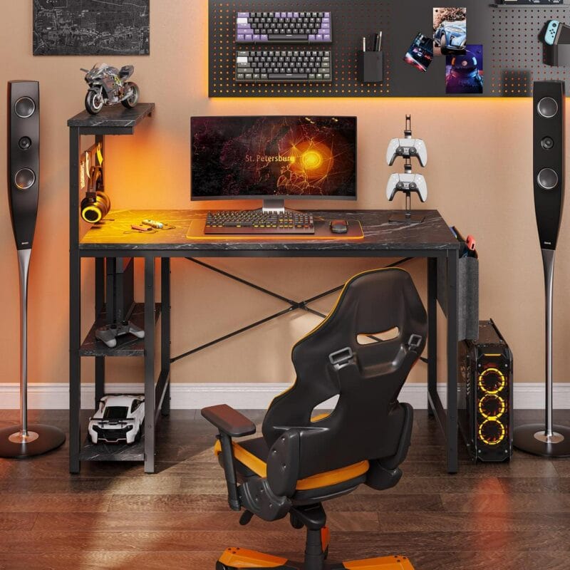 Bestier Reversible 44 inch Computer Desk with LED Lights Gaming Desk with 4 Tier Shelves Black Marble - Image 6