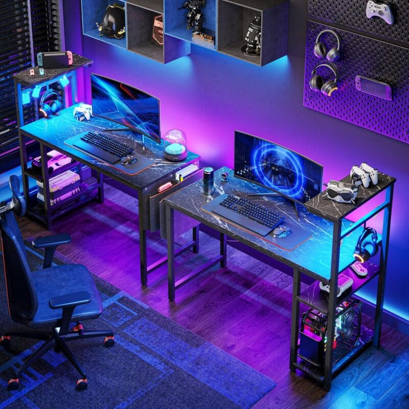 Bestier Reversible 44 inch Computer Desk with LED Lights Gaming Desk with 4 Tier Shelves Black Marble - Image 2