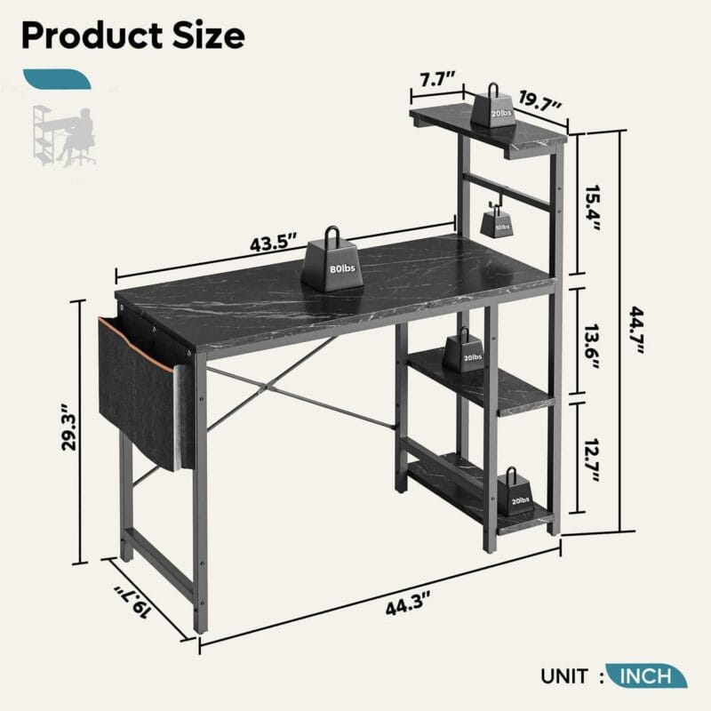 Bestier Reversible 44 inch Computer Desk with LED Lights Gaming Desk with 4 Tier Shelves Black Marble - Image 5