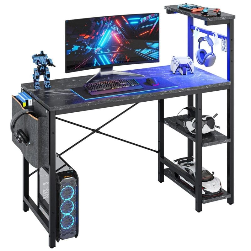 Bestier Reversible 44 inch Computer Desk with LED Lights Gaming Desk with 4 Tier Shelves Black Marble - Image 3
