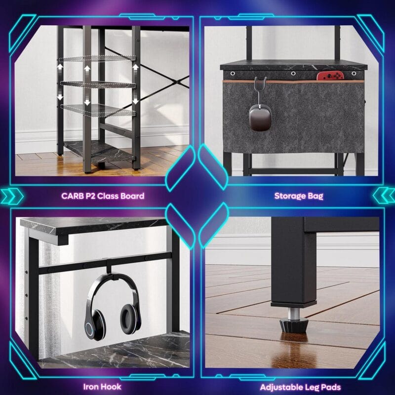Bestier Reversible 44 inch Computer Desk with LED Lights Gaming Desk with 4 Tier Shelves Black Marble - Image 7