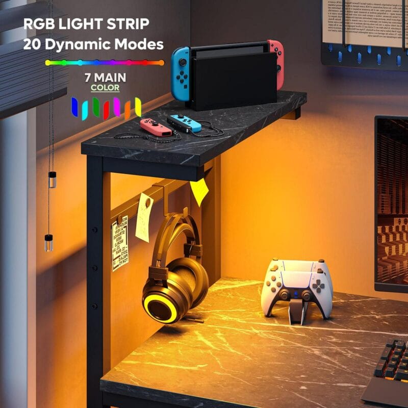 Bestier Reversible 44 inch Computer Desk with LED Lights Gaming Desk with 4 Tier Shelves Black Marble - Image 4