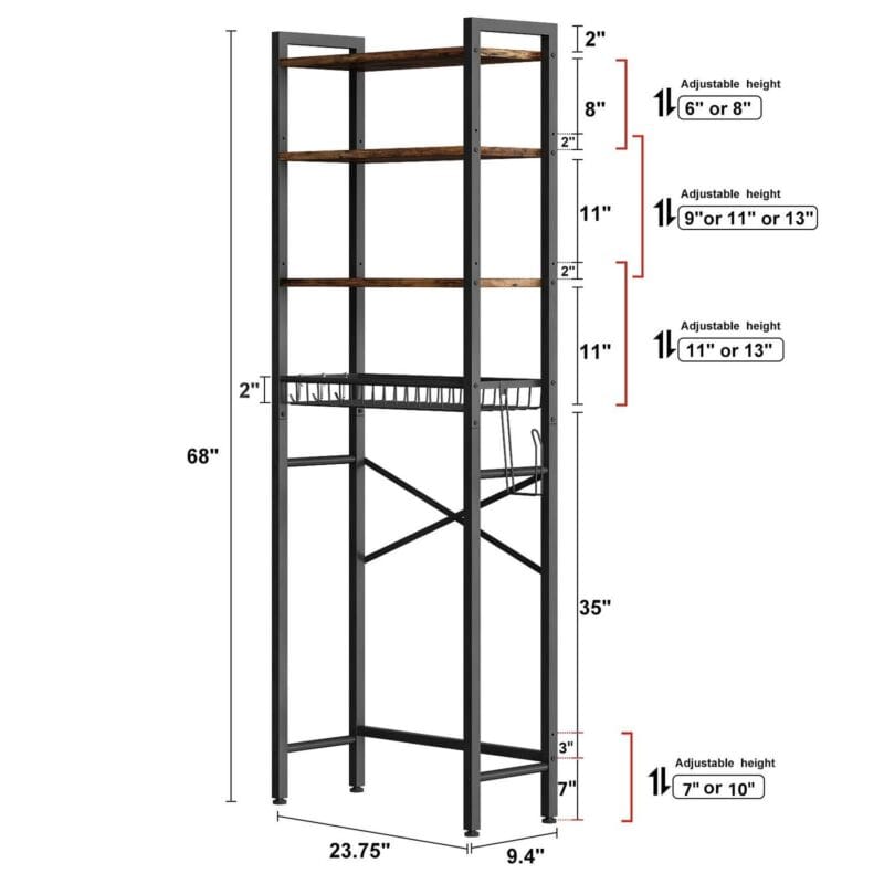 Biemlerfn Over The Toilet Storage Shelf, 4-Tier Wooden Bathroom Organizer Adjustable Saver Space Rack with Toilet Paper Holder, Brown - Image 9