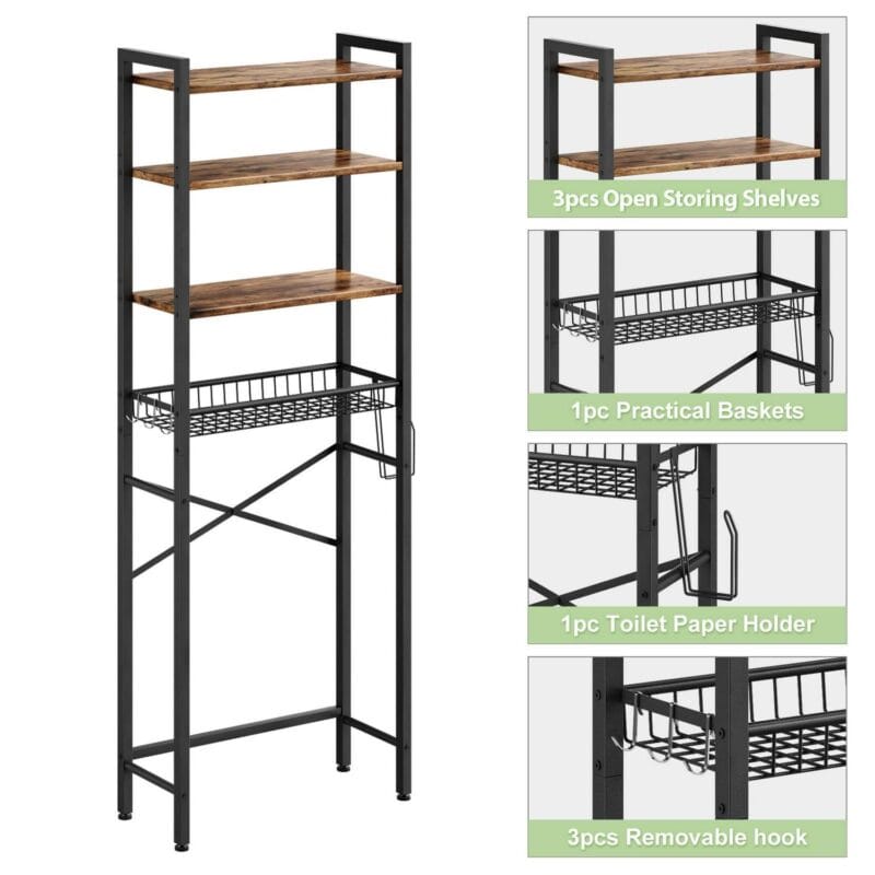 Biemlerfn Over The Toilet Storage Shelf, 4-Tier Wooden Bathroom Organizer Adjustable Saver Space Rack with Toilet Paper Holder, Brown - Image 5
