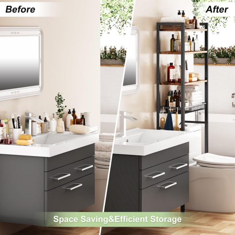 Biemlerfn Over The Toilet Storage Shelf, 4-Tier Wooden Bathroom Organizer Adjustable Saver Space Rack with Toilet Paper Holder, Brown - Image 3