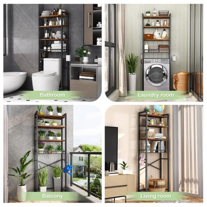 Biemlerfn Over The Toilet Storage Shelf, 4-Tier Wooden Bathroom Organizer Adjustable Saver Space Rack with Toilet Paper Holder, Brown - Image 8