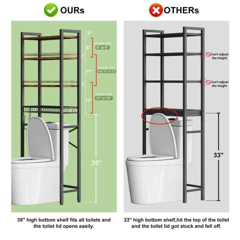 Biemlerfn Over The Toilet Storage Shelf, 4-Tier Wooden Bathroom Organizer Adjustable Saver Space Rack with Toilet Paper Holder, Brown - Image 4