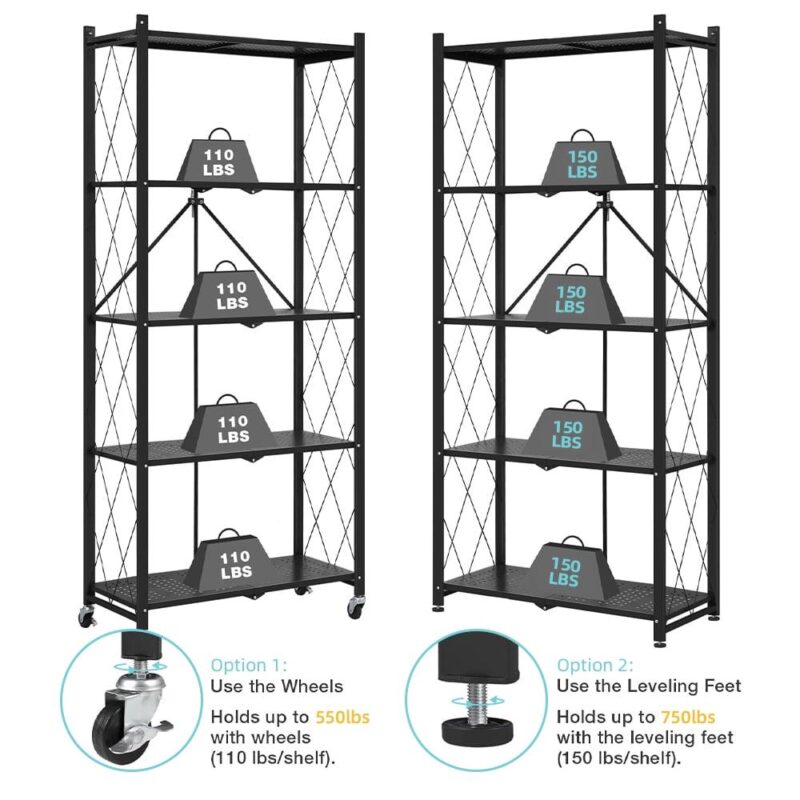 COOKCOK 5-Tier Storage Shelving Unit, Metal Shelf 27.9 x13.4 x62.5, Foldable Storage Shelf with Wheels, Garage Shelf, Metal Storage Rack, Kitchen Shelf with 4 Hooks, No Assemble Require - Image 7