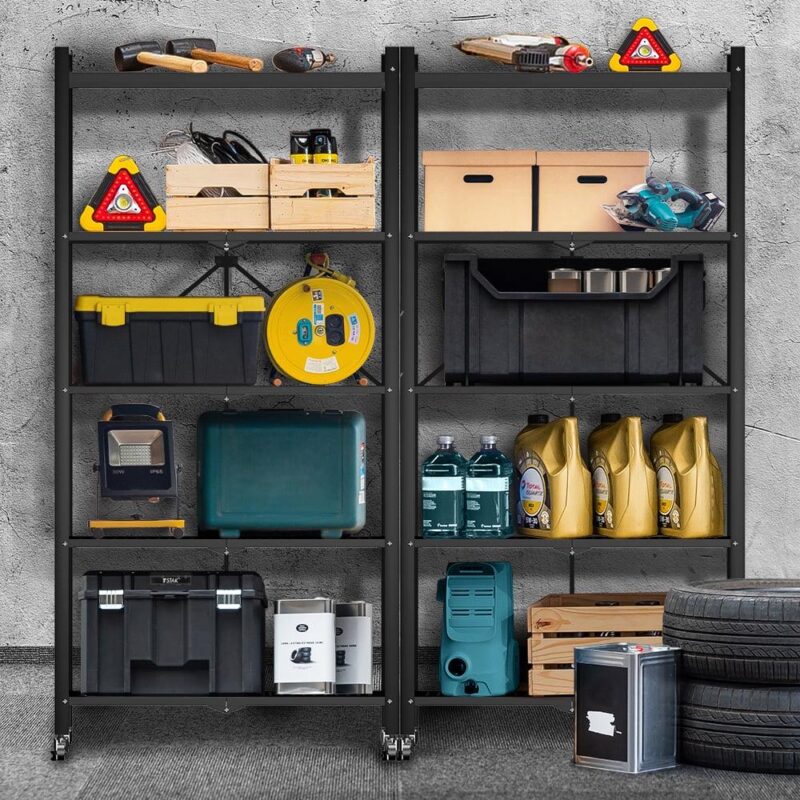 COOKCOK 5-Tier Storage Shelving Unit, Metal Shelf 27.9 x13.4 x62.5, Foldable Storage Shelf with Wheels, Garage Shelf, Metal Storage Rack, Kitchen Shelf with 4 Hooks, No Assemble Require - Image 3