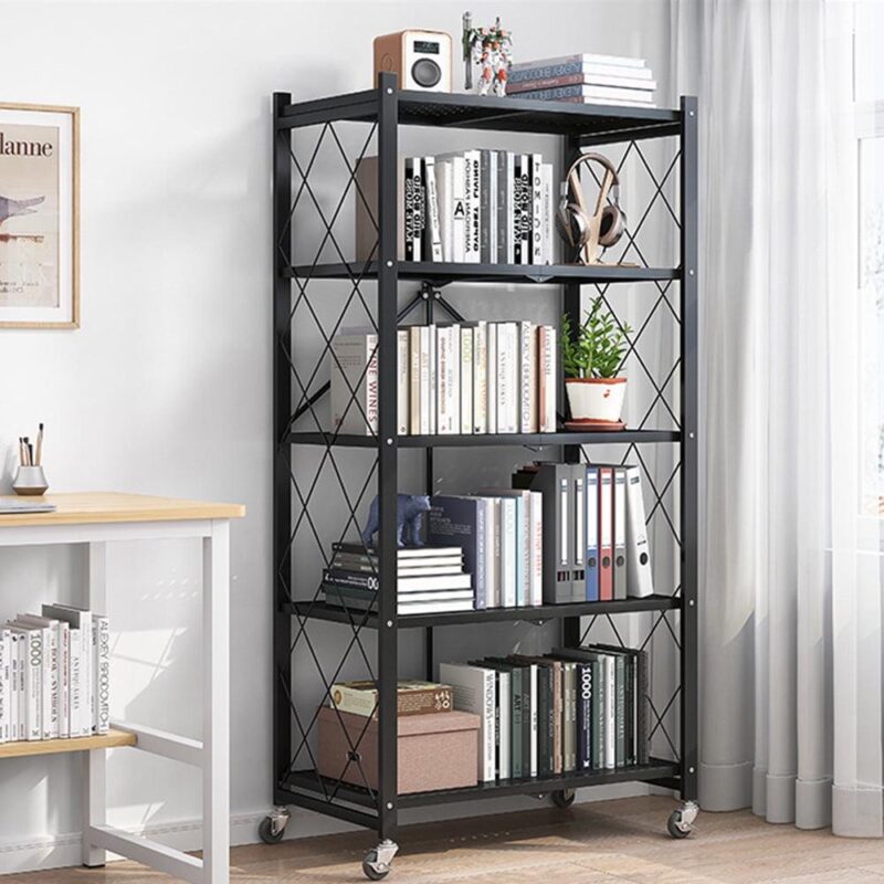 COOKCOK 5-Tier Storage Shelving Unit, Metal Shelf 27.9 x13.4 x62.5, Foldable Storage Shelf with Wheels, Garage Shelf, Metal Storage Rack, Kitchen Shelf with 4 Hooks, No Assemble Require - Image 8