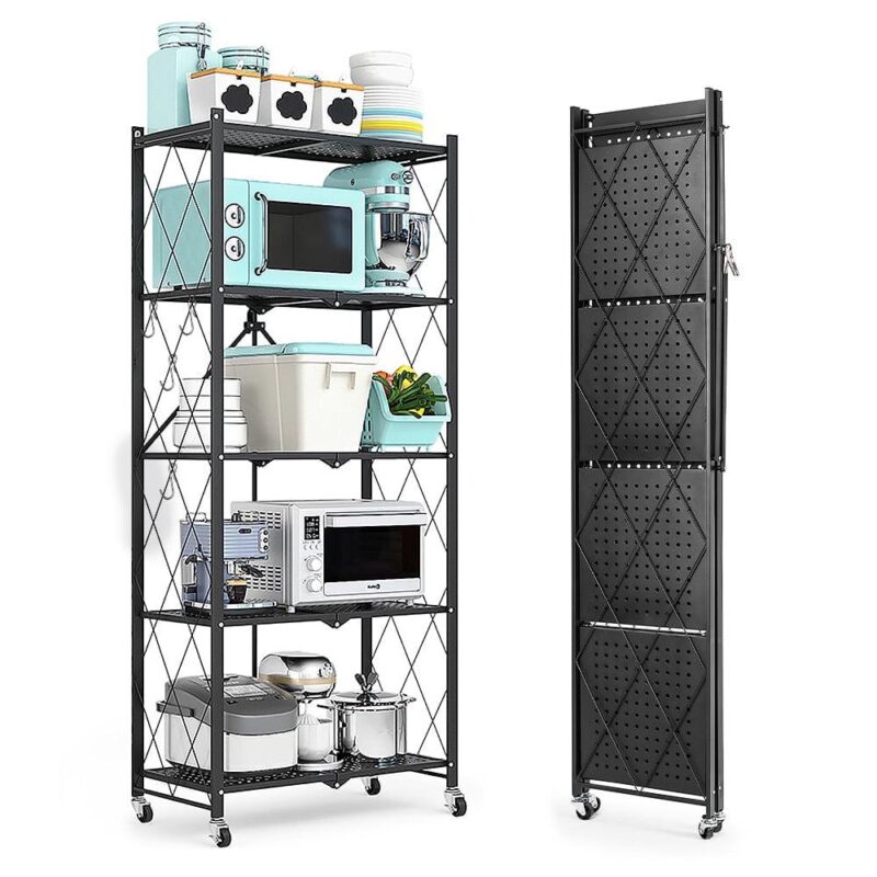 COOKCOK 5-Tier Storage Shelving Unit, Metal Shelf 27.9 x13.4 x62.5, Foldable Storage Shelf with Wheels, Garage Shelf, Metal Storage Rack, Kitchen Shelf with 4 Hooks, No Assemble Require