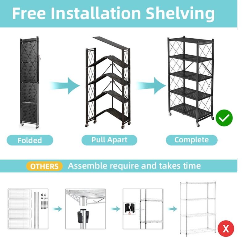COOKCOK 5-Tier Storage Shelving Unit, Metal Shelf 27.9 x13.4 x62.5, Foldable Storage Shelf with Wheels, Garage Shelf, Metal Storage Rack, Kitchen Shelf with 4 Hooks, No Assemble Require - Image 5