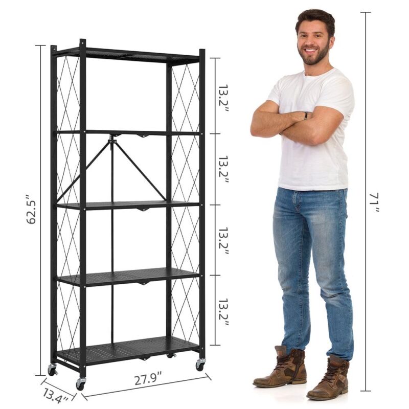 COOKCOK 5-Tier Storage Shelving Unit, Metal Shelf 27.9 x13.4 x62.5, Foldable Storage Shelf with Wheels, Garage Shelf, Metal Storage Rack, Kitchen Shelf with 4 Hooks, No Assemble Require - Image 6