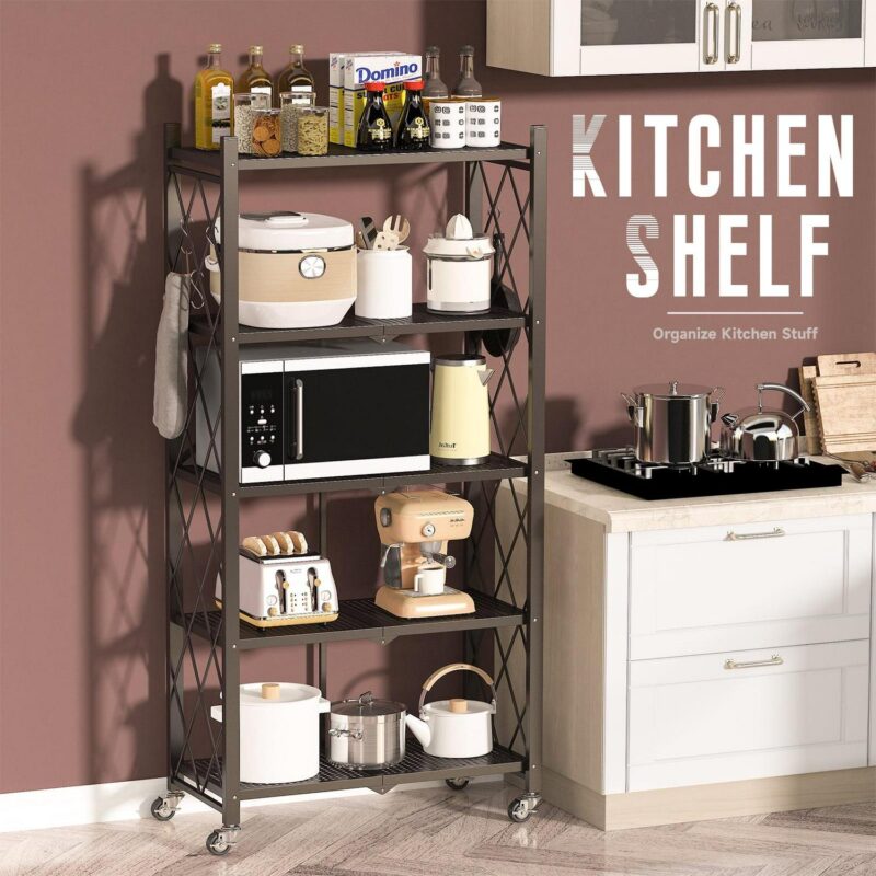 COOKCOK 5-Tier Storage Shelving Unit, Metal Shelf 27.9 x13.4 x62.5, Foldable Storage Shelf with Wheels, Garage Shelf, Metal Storage Rack, Kitchen Shelf with 4 Hooks, No Assemble Require - Image 2
