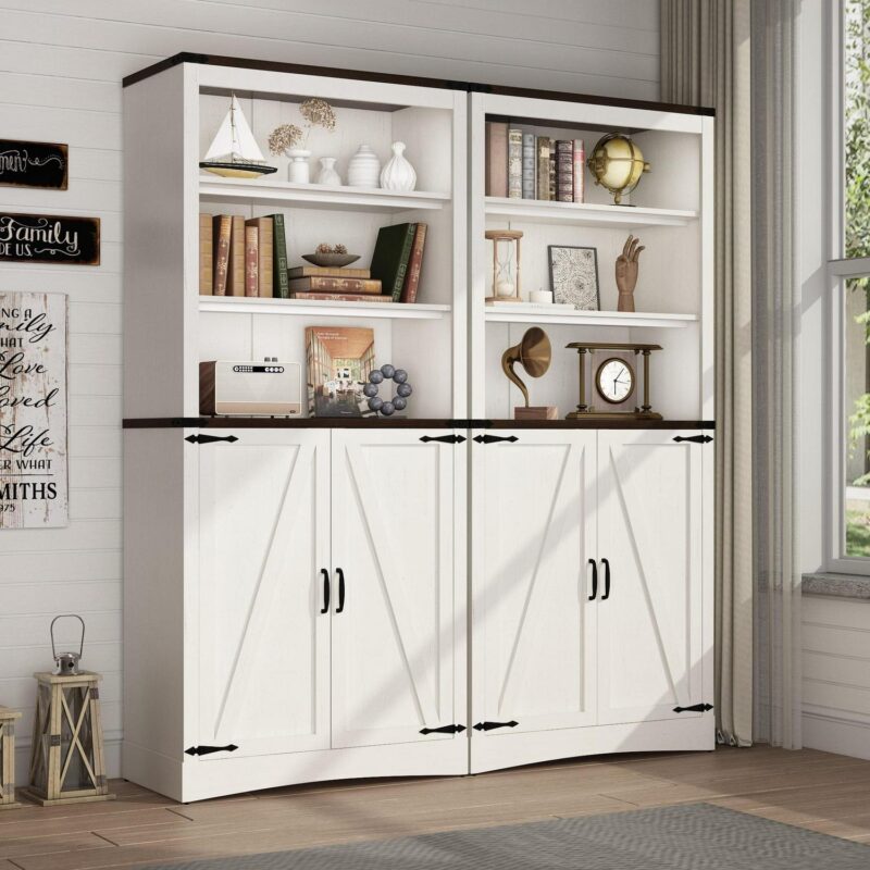 ChVans 71 Tall Farmhouse Bookcase Storage Cabinet with 2 Barn Doors, 5 Tier Kitchen Pantry Storage Cabinet w/Adjustable Shelves, for Dining Room, Bathroom, Living Room, Rustic White - Image 2
