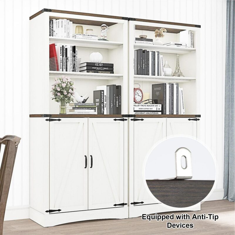 ChVans 71 Tall Farmhouse Bookcase Storage Cabinet with 2 Barn Doors, 5 Tier Kitchen Pantry Storage Cabinet w/Adjustable Shelves, for Dining Room, Bathroom, Living Room, Rustic White - Image 9