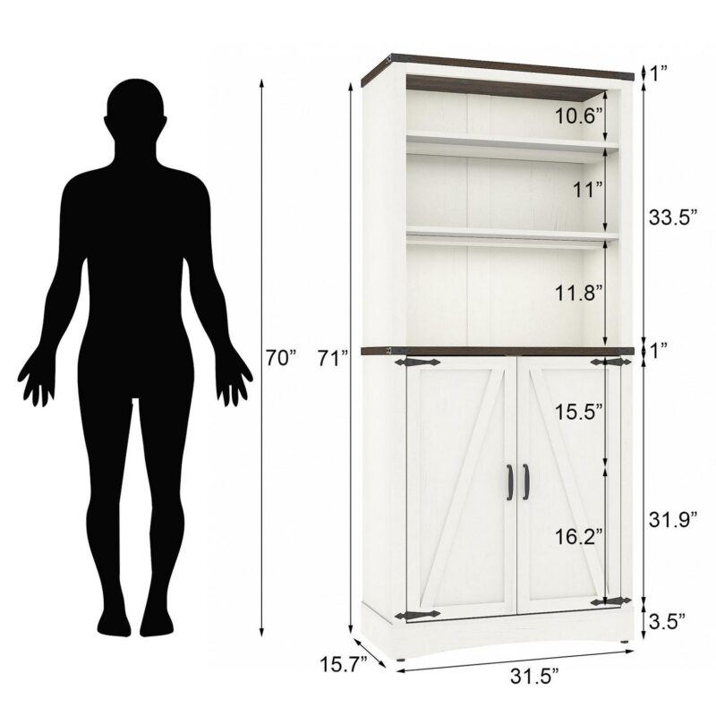 ChVans 71 Tall Farmhouse Bookcase Storage Cabinet with 2 Barn Doors, 5 Tier Kitchen Pantry Storage Cabinet w/Adjustable Shelves, for Dining Room, Bathroom, Living Room, Rustic White - Image 10