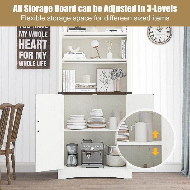 ChVans 71 Tall Farmhouse Bookcase Storage Cabinet with 2 Barn Doors, 5 Tier Kitchen Pantry Storage Cabinet w/Adjustable Shelves, for Dining Room, Bathroom, Living Room, Rustic White - Image 8