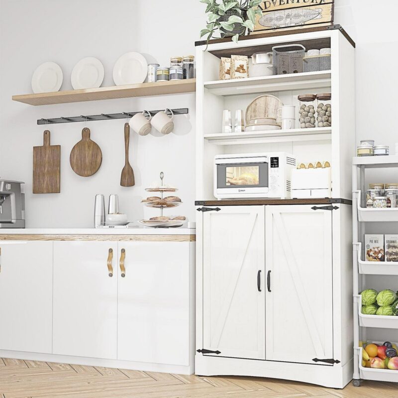 ChVans 71 Tall Farmhouse Bookcase Storage Cabinet with 2 Barn Doors, 5 Tier Kitchen Pantry Storage Cabinet w/Adjustable Shelves, for Dining Room, Bathroom, Living Room, Rustic White - Image 7