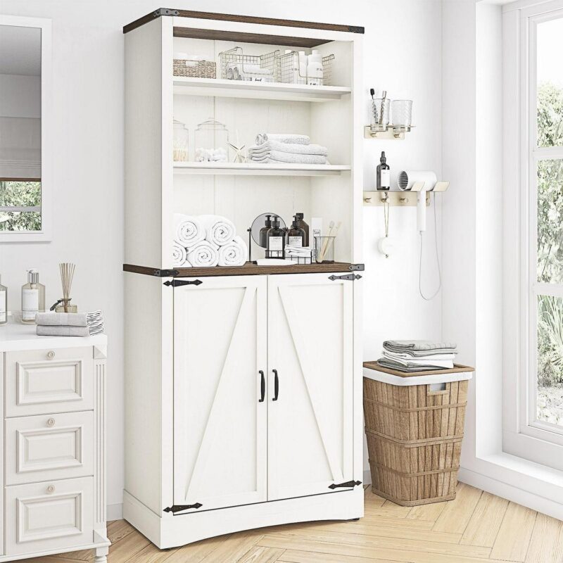 ChVans 71 Tall Farmhouse Bookcase Storage Cabinet with 2 Barn Doors, 5 Tier Kitchen Pantry Storage Cabinet w/Adjustable Shelves, for Dining Room, Bathroom, Living Room, Rustic White - Image 4