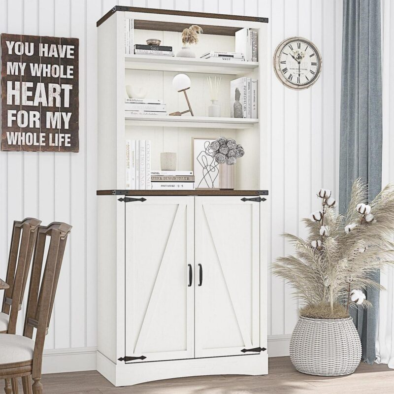ChVans 71 Tall Farmhouse Bookcase Storage Cabinet with 2 Barn Doors, 5 Tier Kitchen Pantry Storage Cabinet w/Adjustable Shelves, for Dining Room, Bathroom, Living Room, Rustic White - Image 3