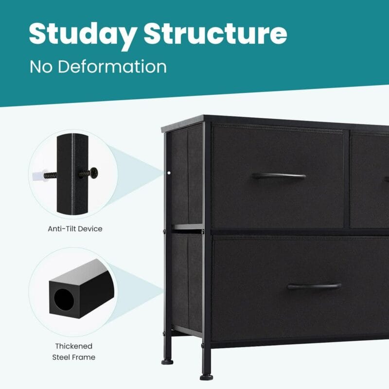 Chest of Drawers with Fabric Bins, Organizer Storage 5, Long Dresser with Wood Top for Bedroom, Closet, Entryway, Black - Image 6