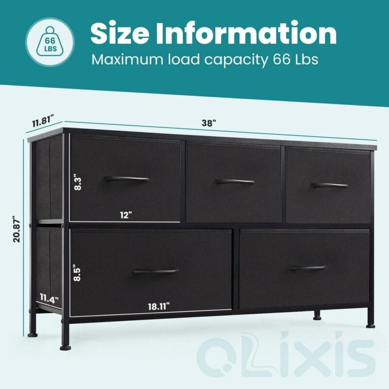 Chest of Drawers with Fabric Bins, Organizer Storage 5, Long Dresser with Wood Top for Bedroom, Closet, Entryway, Black - Image 3