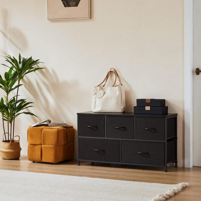 Chest of Drawers with Fabric Bins, Organizer Storage 5, Long Dresser with Wood Top for Bedroom, Closet, Entryway, Black - Image 8