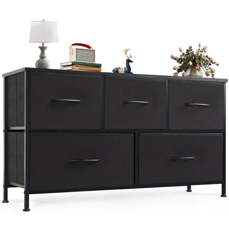 Chest of Drawers with Fabric Bins, Organizer Storage 5, Long Dresser with Wood Top for Bedroom, Closet, Entryway, Black