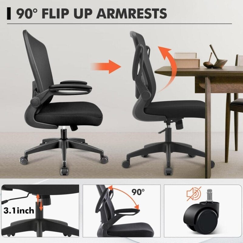 Coolhut Ergonomic Office Chair, Task Chair, Comfort Desk Chair with Adjustable Lumbar Support and Flip up Arms, 300lb, Black - Image 4