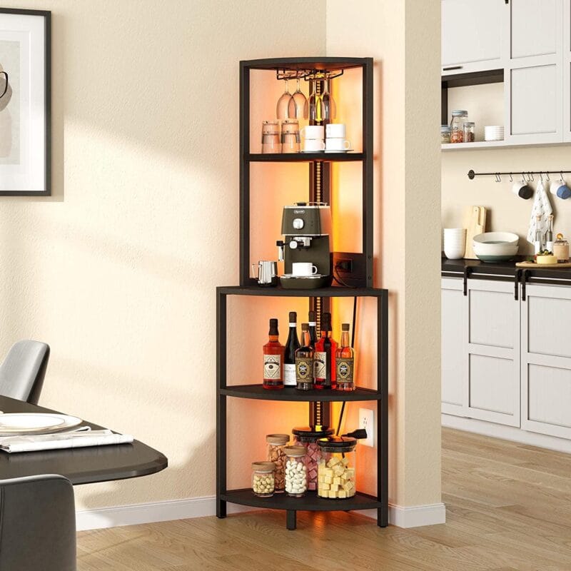 Corner Shelf with Power Outlets, LED Lights, 5-Tier Corner Bar Cabinet with Glass Holder, 62.3  Tall Corner Stand Display Storage Rack, Corner Bookshelf Bookcase for Home, Black - Image 3