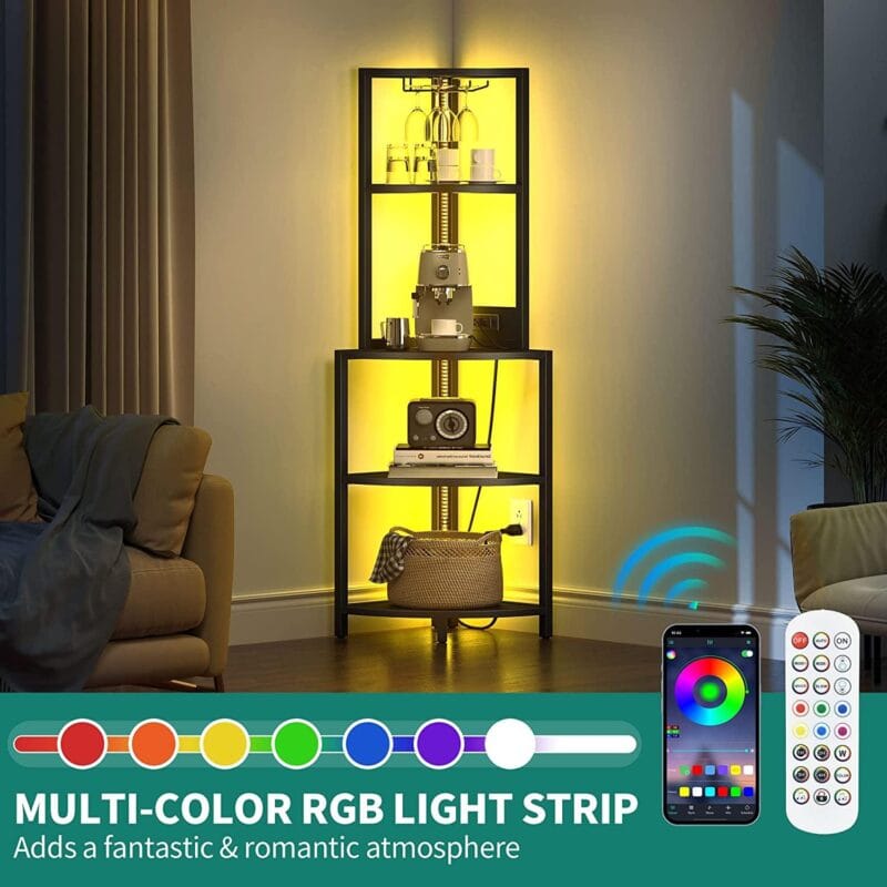 Corner Shelf with Power Outlets, LED Lights, 5-Tier Corner Bar Cabinet with Glass Holder, 62.3  Tall Corner Stand Display Storage Rack, Corner Bookshelf Bookcase for Home, Black - Image 4