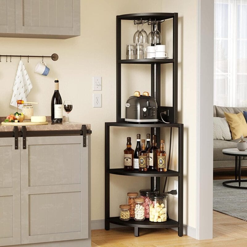 Corner Shelf with Power Outlets, LED Lights, 5-Tier Corner Bar Cabinet with Glass Holder, 62.3  Tall Corner Stand Display Storage Rack, Corner Bookshelf Bookcase for Home, Black - Image 2