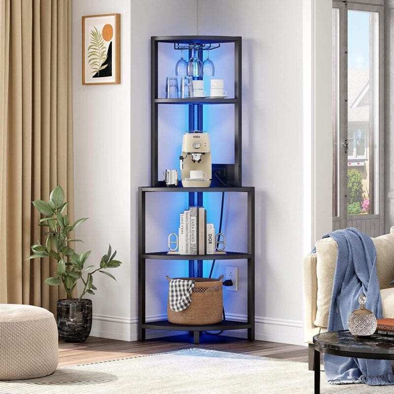 Corner Shelf with Power Outlets, LED Lights, 5-Tier Corner Bar Cabinet with Glass Holder, 62.3  Tall Corner Stand Display Storage Rack, Corner Bookshelf Bookcase for Home, Black