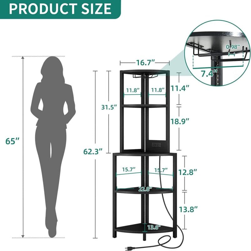 Corner Shelf with Power Outlets, LED Lights, 5-Tier Corner Bar Cabinet with Glass Holder, 62.3  Tall Corner Stand Display Storage Rack, Corner Bookshelf Bookcase for Home, Black - Image 8
