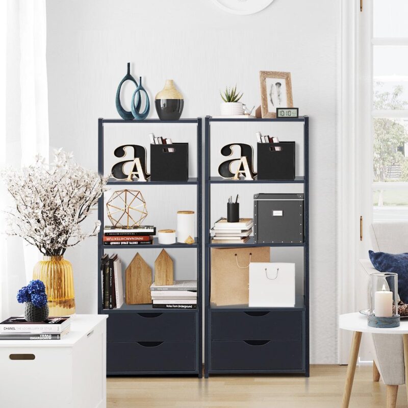 Costway 4-Tier Ladder Shelf Bookshelf Bookcase Storage Display Leaning With 2 Drawers - Image 6