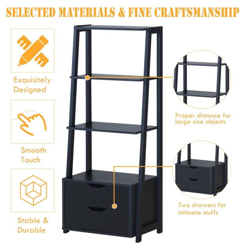 Costway 4-Tier Ladder Shelf Bookshelf Bookcase Storage Display Leaning With 2 Drawers - Image 9