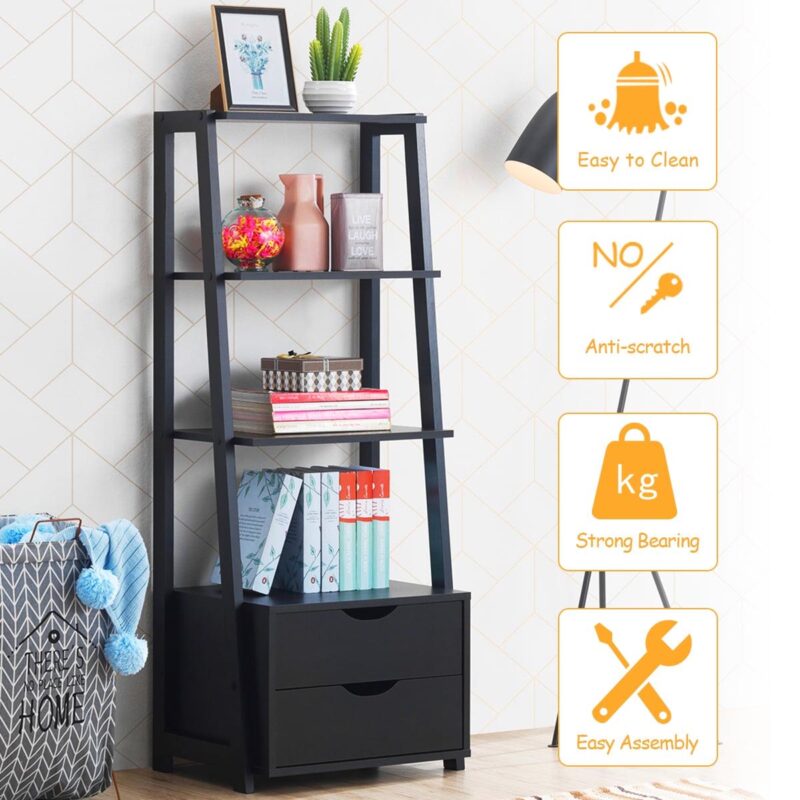 Costway 4-Tier Ladder Shelf Bookshelf Bookcase Storage Display Leaning With 2 Drawers - Image 8