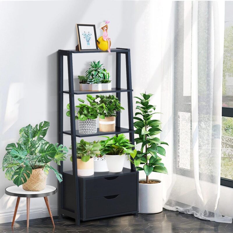 Costway 4-Tier Ladder Shelf Bookshelf Bookcase Storage Display Leaning With 2 Drawers - Image 5