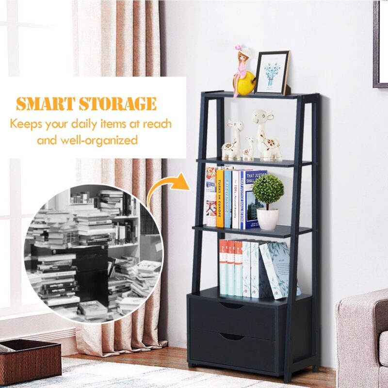 Costway 4-Tier Ladder Shelf Bookshelf Bookcase Storage Display Leaning With 2 Drawers - Image 7